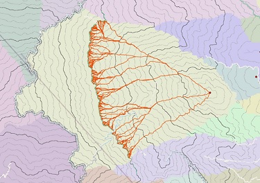 Map of paths originating from within the polygon destination that have the same cost to return to the source Map of paths originating from within the polygon destination that have the same cost to return to the source