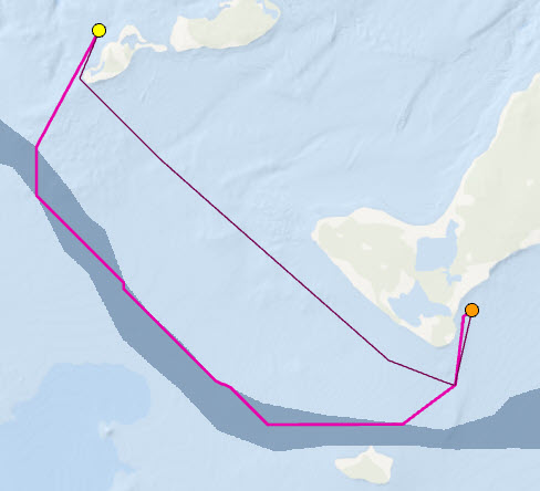 The magenta line is the fastest path to reach the second marina using the current The magenta line is the fastest path to reach the second marina using the current