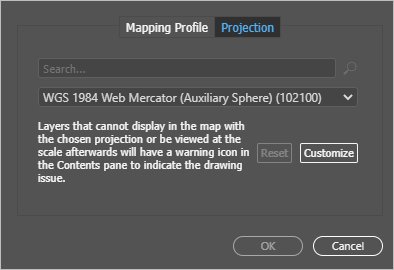 Current Map Settings window showing the Projection tab Current Map Settings window showing the Projection tab