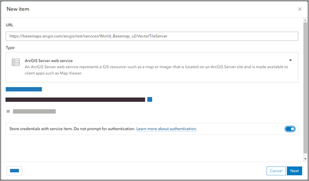 New item dialog box with URL details New item dialog box with URL details